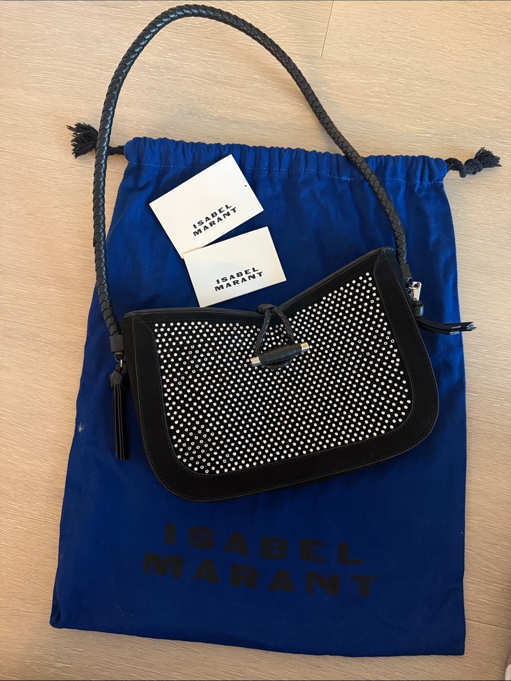 Isabel Marant Black Crystal-Studded Suede Shoulder Bag